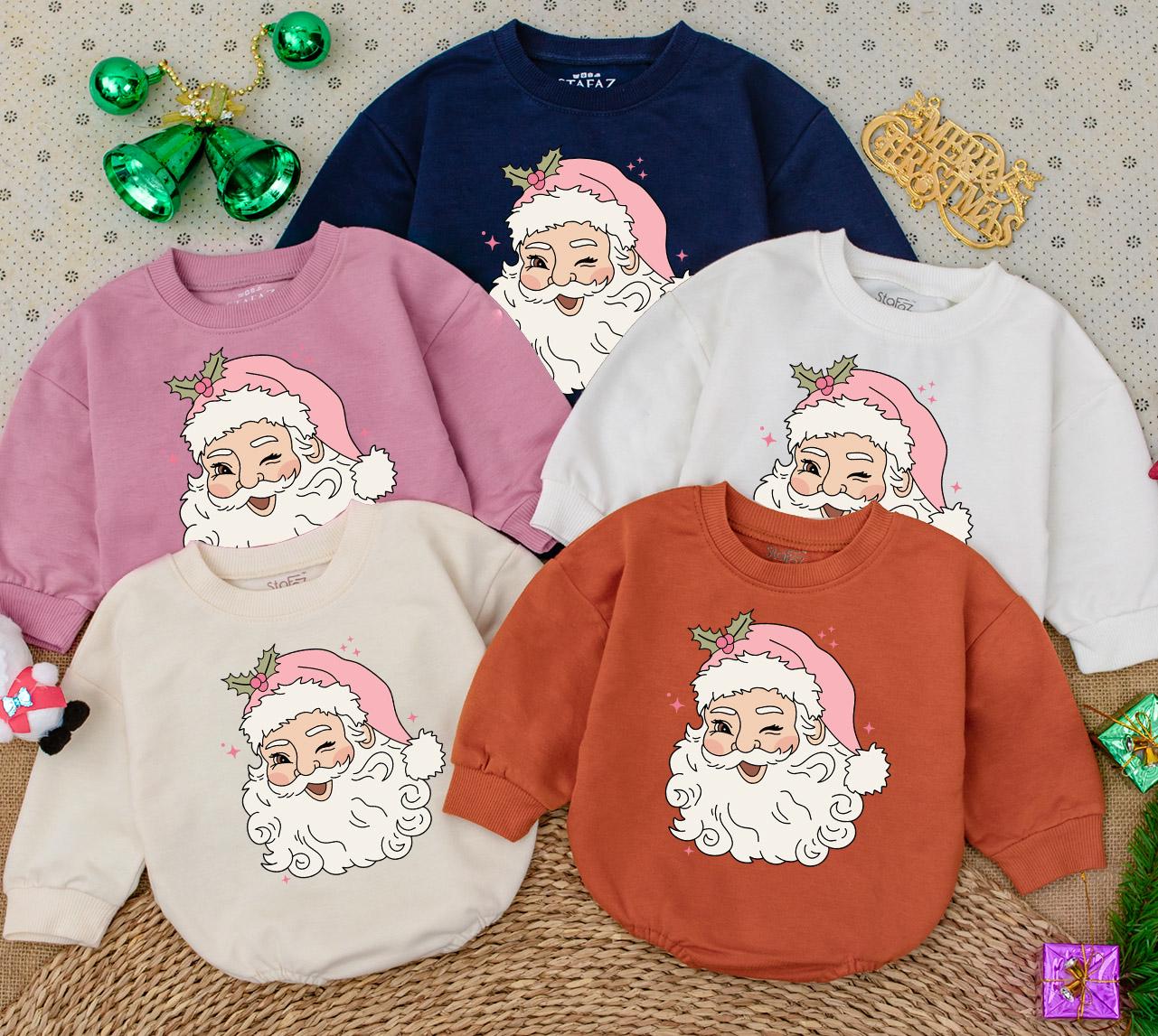 Pink Retro Winking Santa Baby Bodysuit Christmas Holiday Outfit Playful Design with Holly and Pink Stars for Newborn Infants First Christmas
