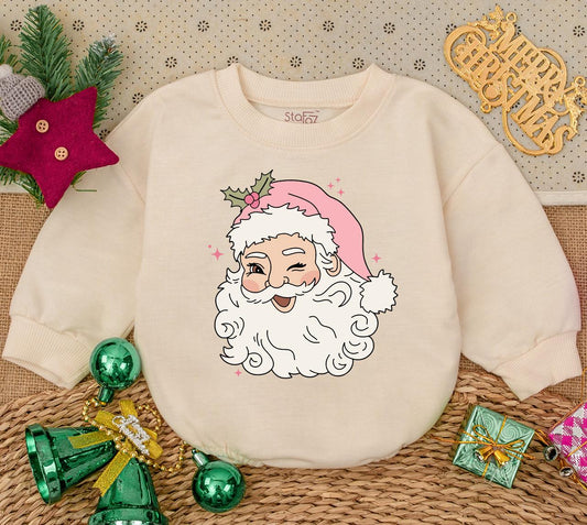 Pink Retro Winking Santa Baby Bodysuit Christmas Holiday Outfit Playful Design with Holly and Pink Stars for Newborn Infants First Christmas