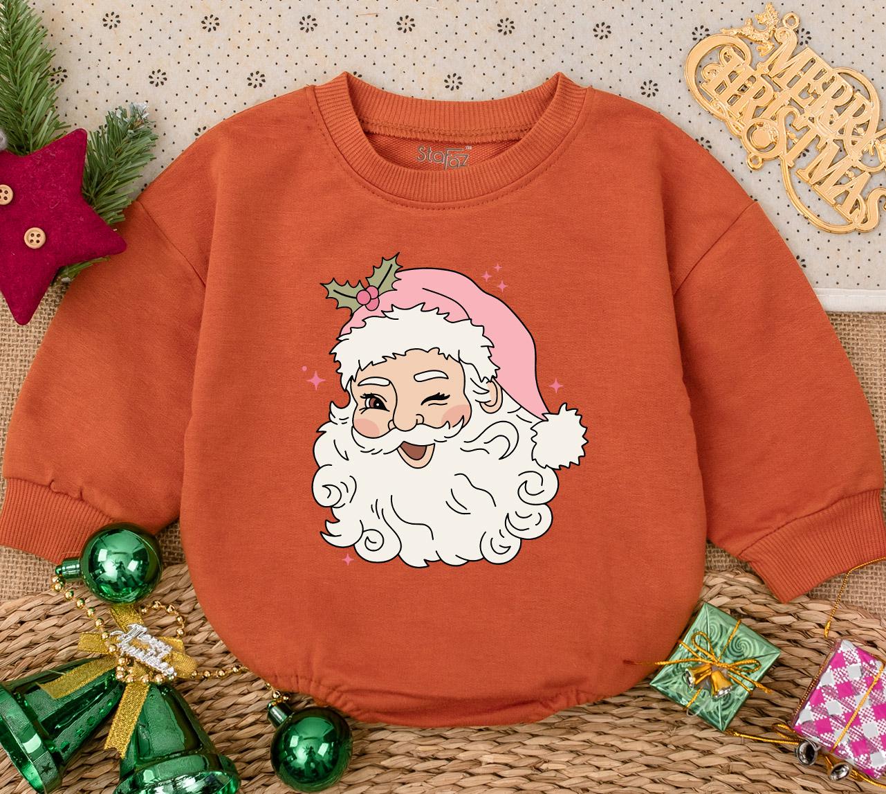 Pink Retro Winking Santa Baby Bodysuit Christmas Holiday Outfit Playful Design with Holly and Pink Stars for Newborn Infants First Christmas