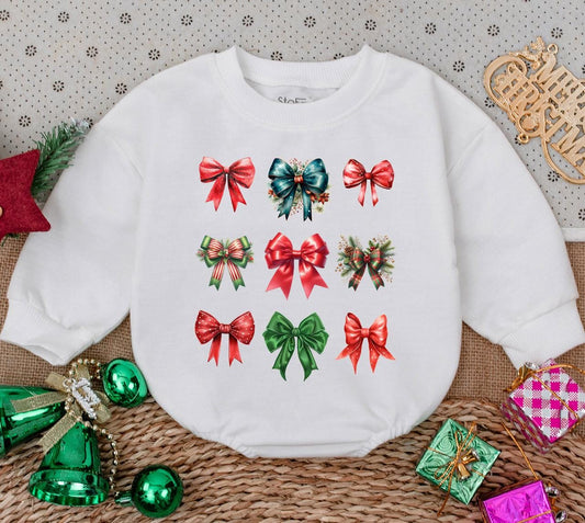 Sweet Baby Girl's First Christmas Bow Romper Festive Holiday Watercolor Outfit Featuring Nine Red Green Teal Bows Adorned with Holly
