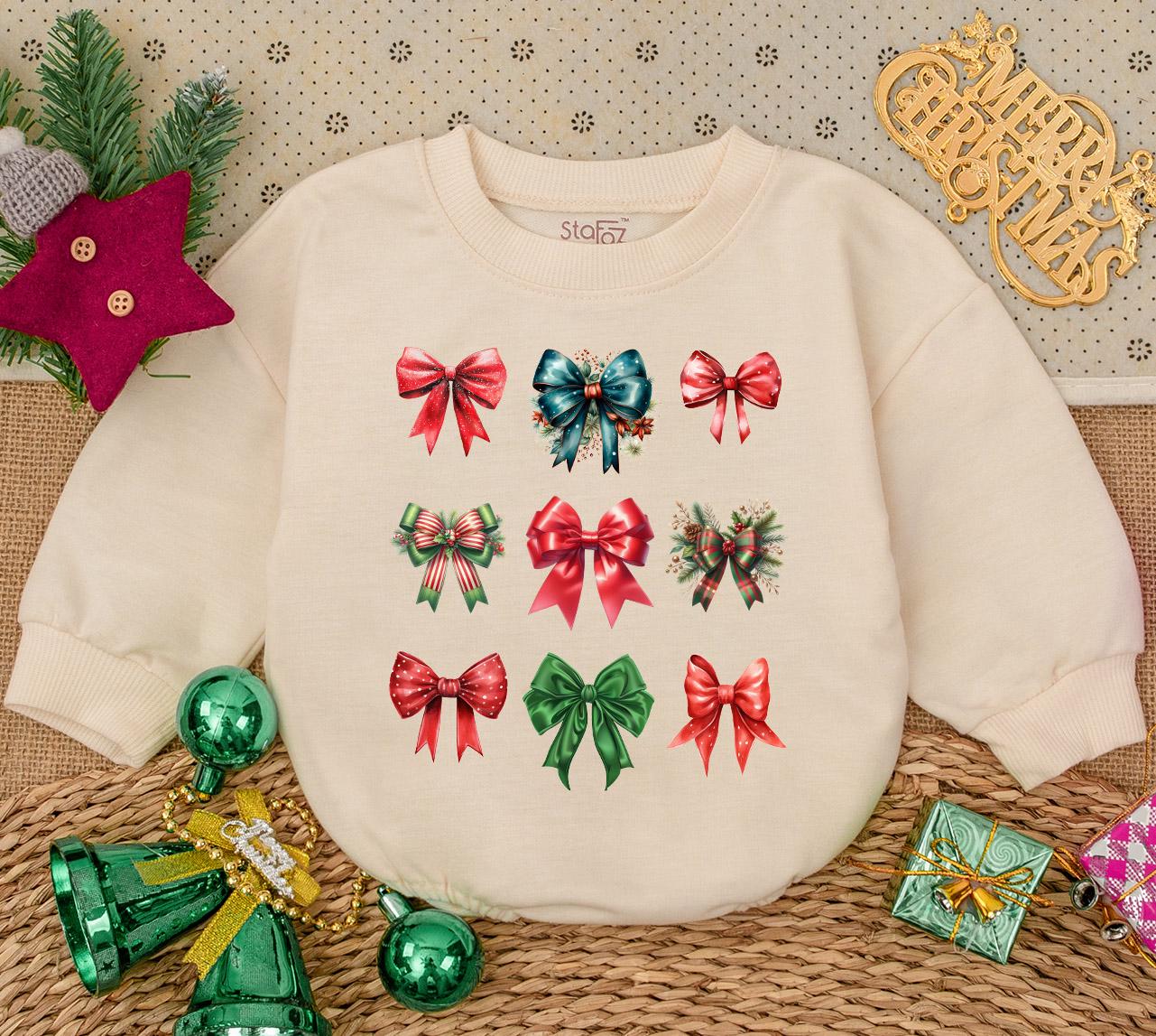 Sweet Baby Girl's First Christmas Bow Romper Festive Holiday Watercolor Outfit Featuring Nine Red Green Teal Bows Adorned with Holly