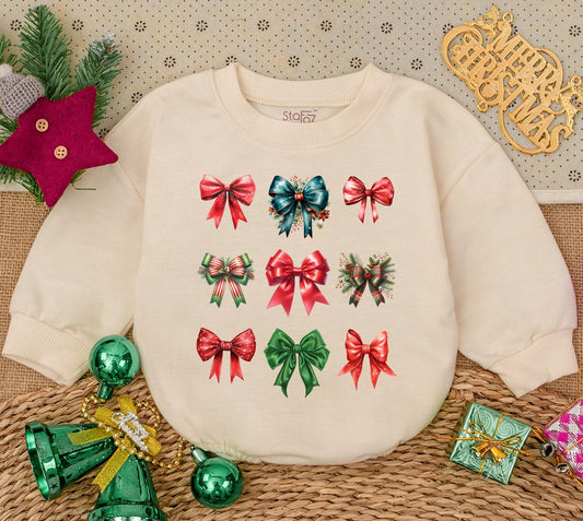 Sweet Baby Girl's First Christmas Bow Romper Festive Holiday Watercolor Outfit Featuring Nine Red Green Teal Bows Adorned with Holly