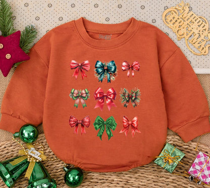 Sweet Baby Girl's First Christmas Bow Romper Festive Holiday Watercolor Outfit Featuring Nine Red Green Teal Bows Adorned with Holly