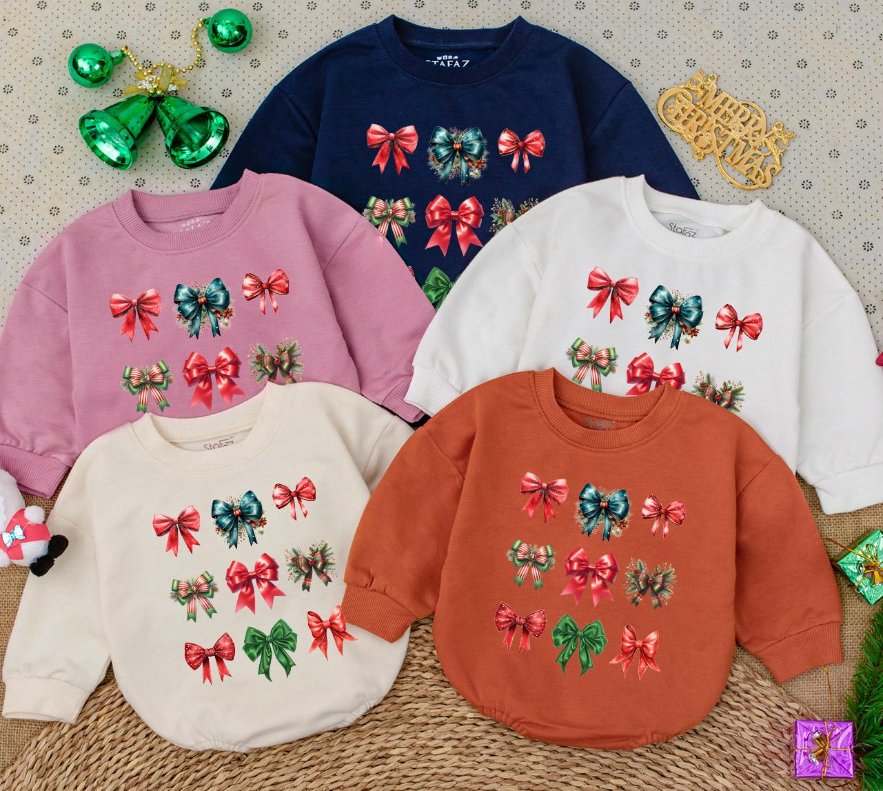 Sweet Baby Girl's First Christmas Bow Romper Festive Holiday Watercolor Outfit Featuring Nine Red Green Teal Bows Adorned with Holly