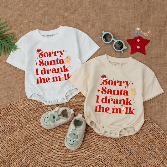 Sorry Santa I Drank The Milk Baby Romper Cute Christmas Bodysuit Festive Holiday Outfit with Santa Hat Gingerbread Man Milk Bottle Cozy Newborn Gift