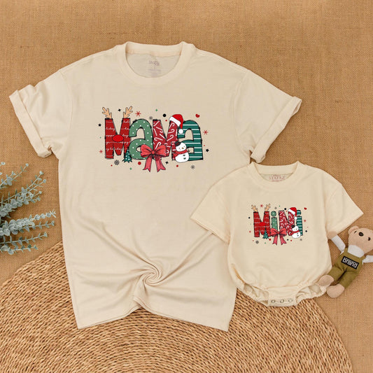 Christmas Mama and Mini Matching Family Outfits Festive Whimsical Holiday Shirt Newborn Bubble Romper Red Green Snowman Design