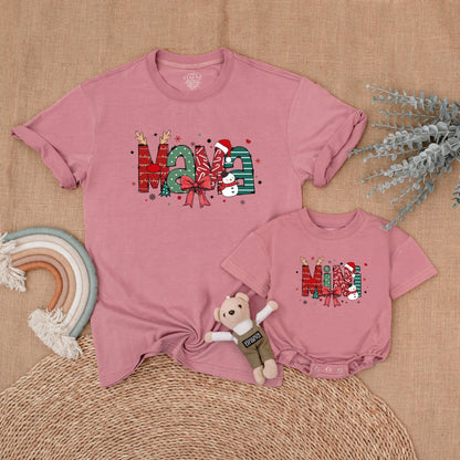Christmas Mama and Mini Matching Family Outfits Festive Whimsical Holiday Shirt Newborn Bubble Romper Red Green Snowman Design