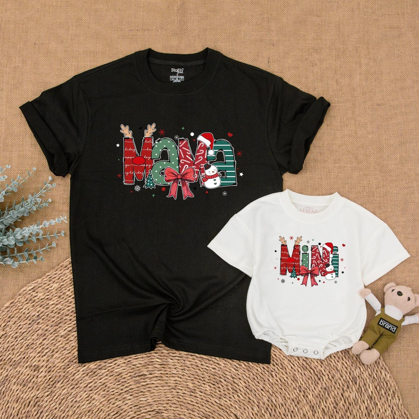 Christmas Mama and Mini Matching Family Outfits Festive Whimsical Holiday Shirt Newborn Bubble Romper Red Green Snowman Design