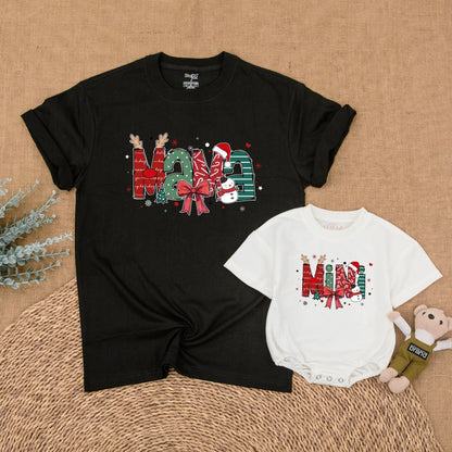 Christmas Mama and Mini Matching Family Outfits Festive Whimsical Holiday Shirt Newborn Bubble Romper Red Green Snowman Design