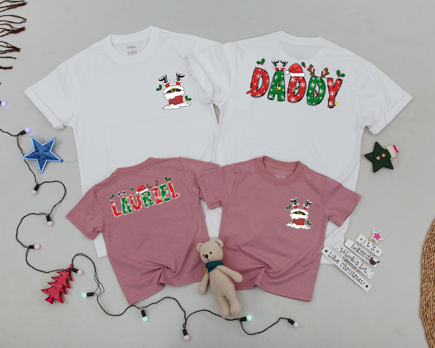 Personalized Family Matching Christmas Shirts Retro Santa Chimney Design Holly Berry Snowflake Name Holiday Crew Outfit