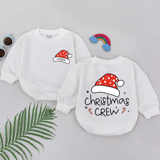 Personalized Christmas Crew Baby Romper with Red Santa Hat & Polka Dot Design First Xmas Infant Boy Girl Cute Outfit Shower Gift