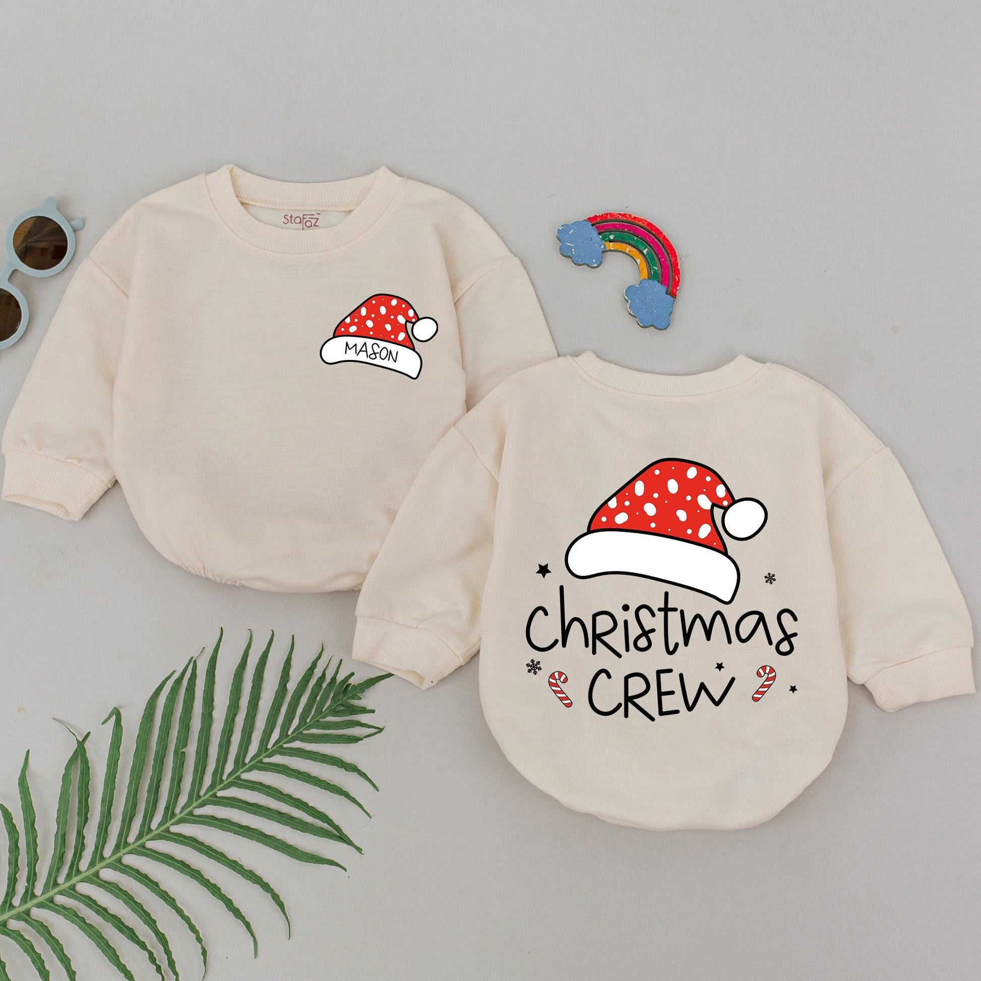 Personalized Christmas Crew Baby Romper with Red Santa Hat & Polka Dot Design First Xmas Infant Boy Girl Cute Outfit Shower Gift