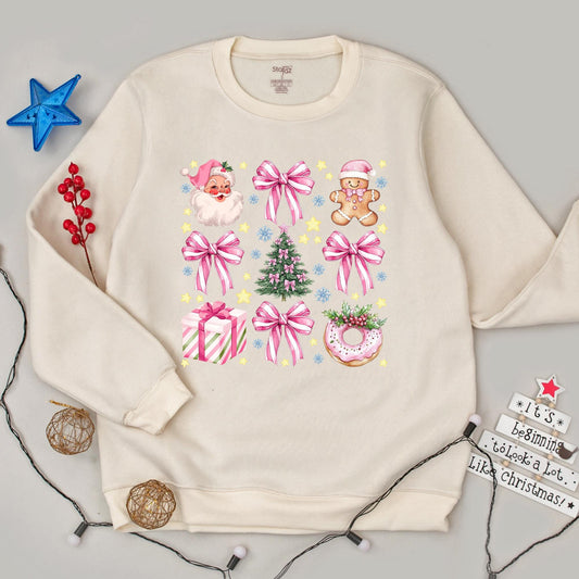Soft Girl Christmas Sweatshirt with Pink Bows Santa Gingerbread Watercolor Grid Design Festive Holiday Crewneck Cozy Stars and Snowflakes