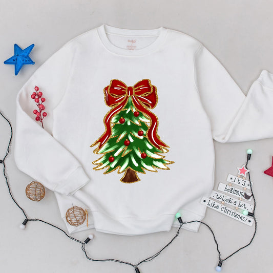 Christmas Tree Bow Sweatshirt for Women, Cute Festive Holiday Outfit with Green Tree Gold Glitter Red Ornaments Cozy Long Sleeve Top