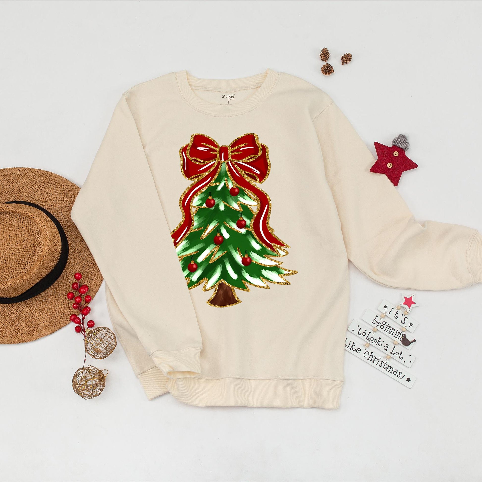 Christmas Tree Bow Sweatshirt for Women, Cute Festive Holiday Outfit with Green Tree Gold Glitter Red Ornaments Cozy Long Sleeve Top