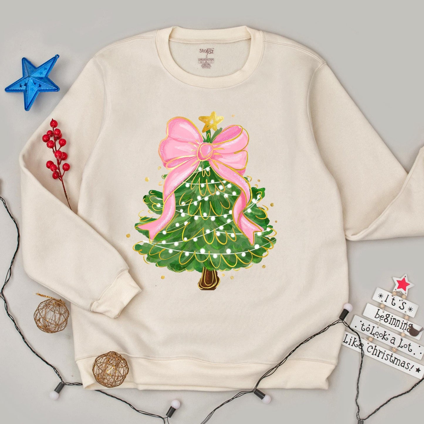 Christmas Tree Bow Sweatshirt for Women, Whimsical Festive Holiday Outfit with Pink Bow Golden Star Lights and Cute Xmas Gift