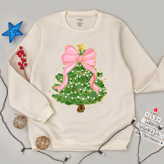 Christmas Tree Bow Sweatshirt for Women, Whimsical Festive Holiday Outfit with Pink Bow Golden Star Lights and Cute Xmas Gift
