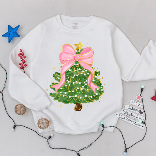 Christmas Tree Bow Sweatshirt for Women, Whimsical Festive Holiday Outfit with Pink Bow Golden Star Lights and Cute Xmas Gift
