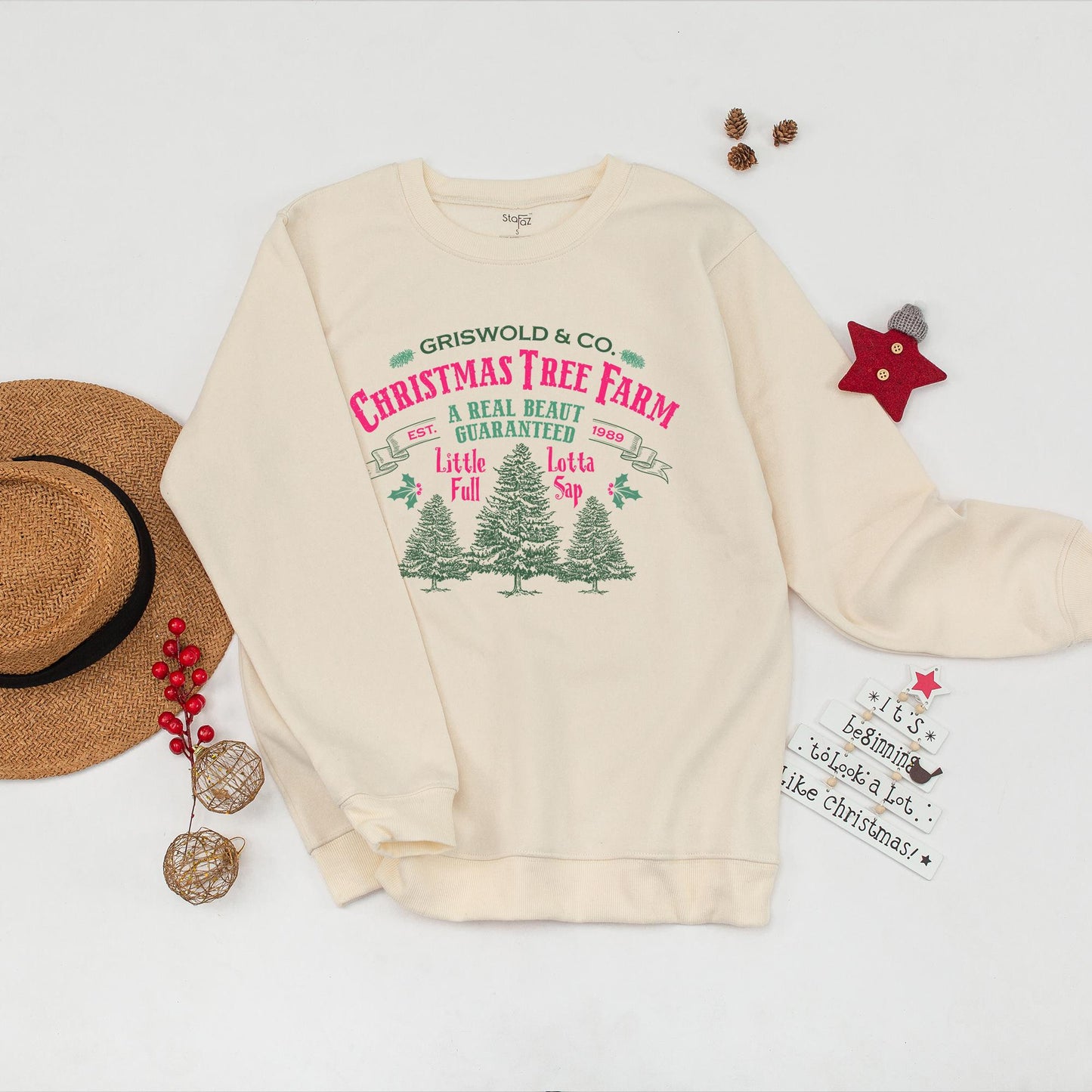 Griswold & Co. Christmas Tree Farm Sweatshirt Vintage Rustic Crewneck A Real Beaut Guaranteed Holly Accents Funny Family Holiday Gift