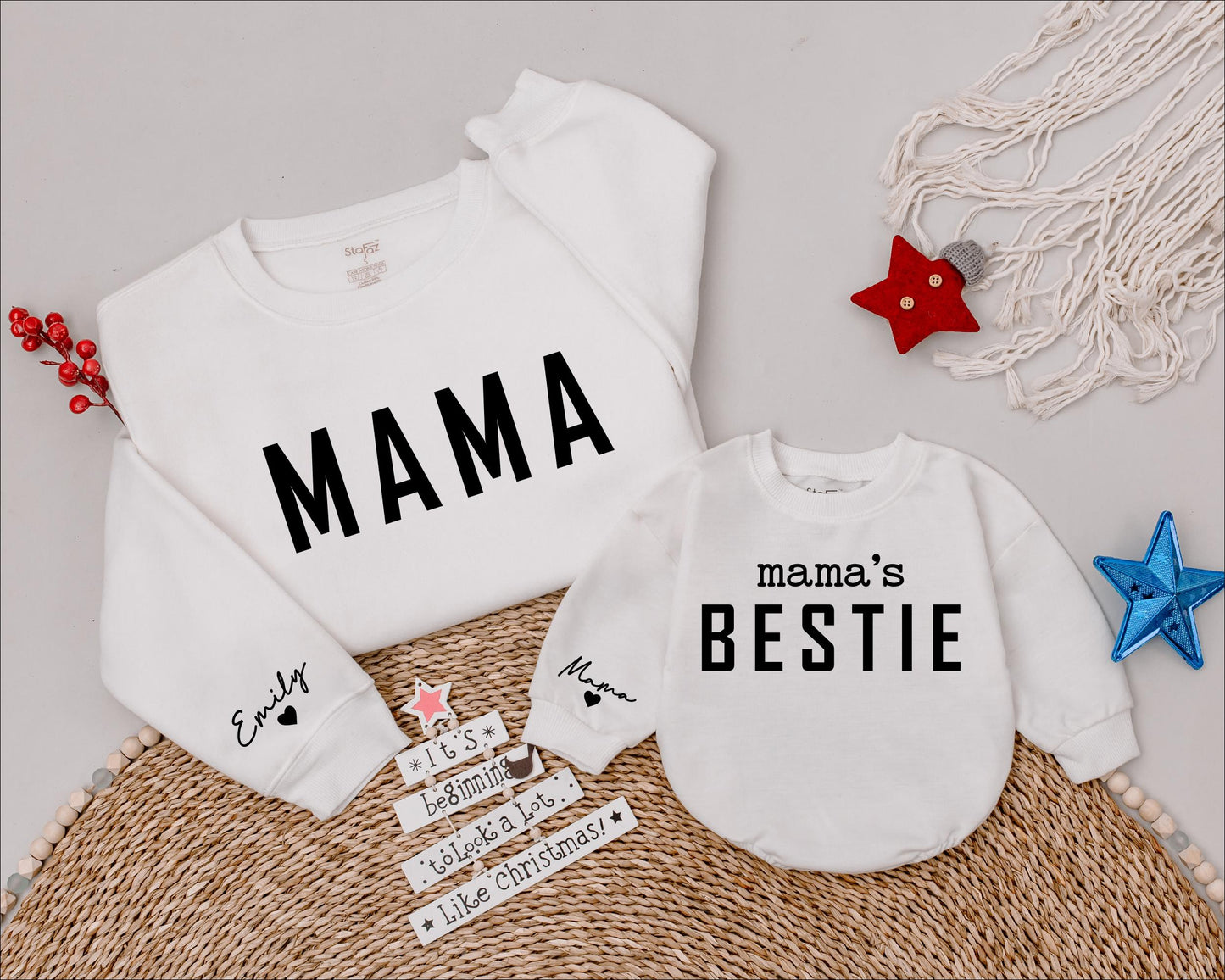 Personalized Mama and Mama's Bestie Matching Sweatshirts with muted pink Mama & cursive name, cozy cotton blend Mother Daughter gift