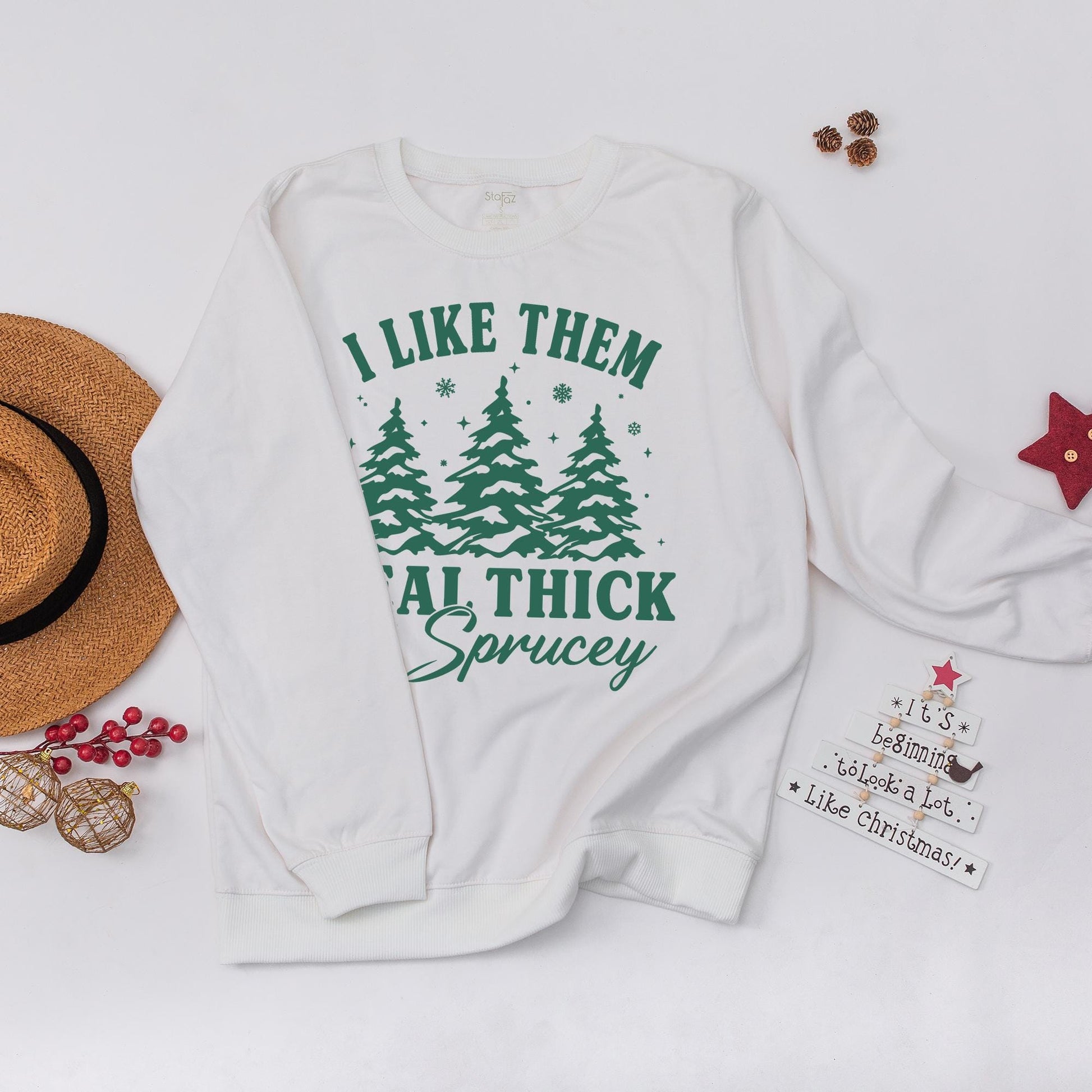 Retro Funny I Like Them Real Thick And Sprucey Christmas Sweatshirt Cute Classic Holiday Green Tree Design with Snowflakes and Stars Comfortable Apparel