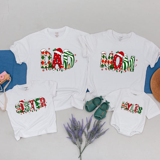 Custom Family Matching Christmas Apparel with Festive Red Green Name Letters for Mom Dad Sister Kids Santa Hats Snowflakes