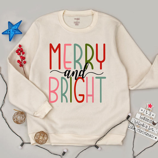 Merry and Bright Christmas Sweatshirt for Women Festive Stacked Text Design Family Holiday Season Apparel Cozy Soft Cotton Top Red Green Pink