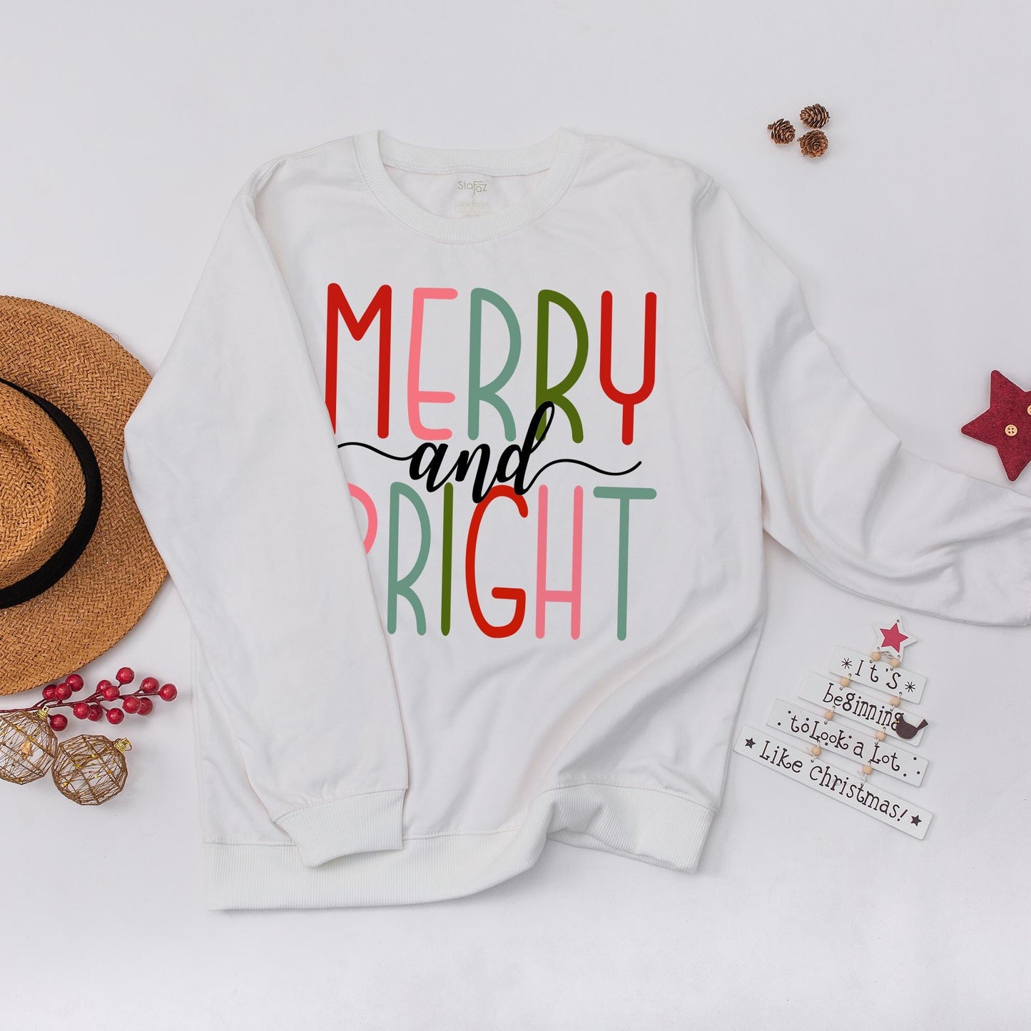 Merry and Bright Christmas Sweatshirt for Women Festive Stacked Text Design Family Holiday Season Apparel Cozy Soft Cotton Top Red Green Pink