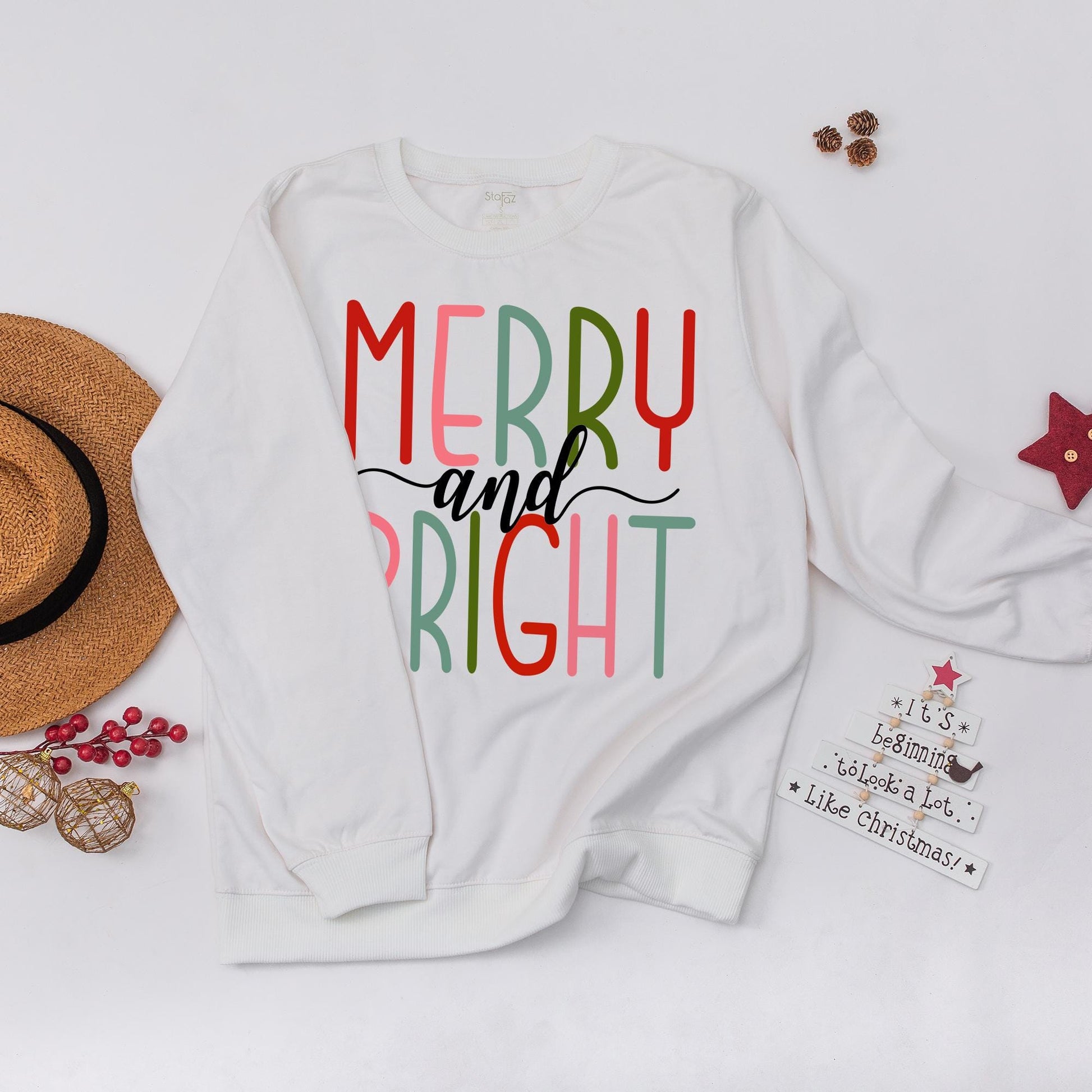 Merry and Bright Christmas Sweatshirt for Women Festive Stacked Text Design Family Holiday Season Apparel Cozy Soft Cotton Top Red Green Pink