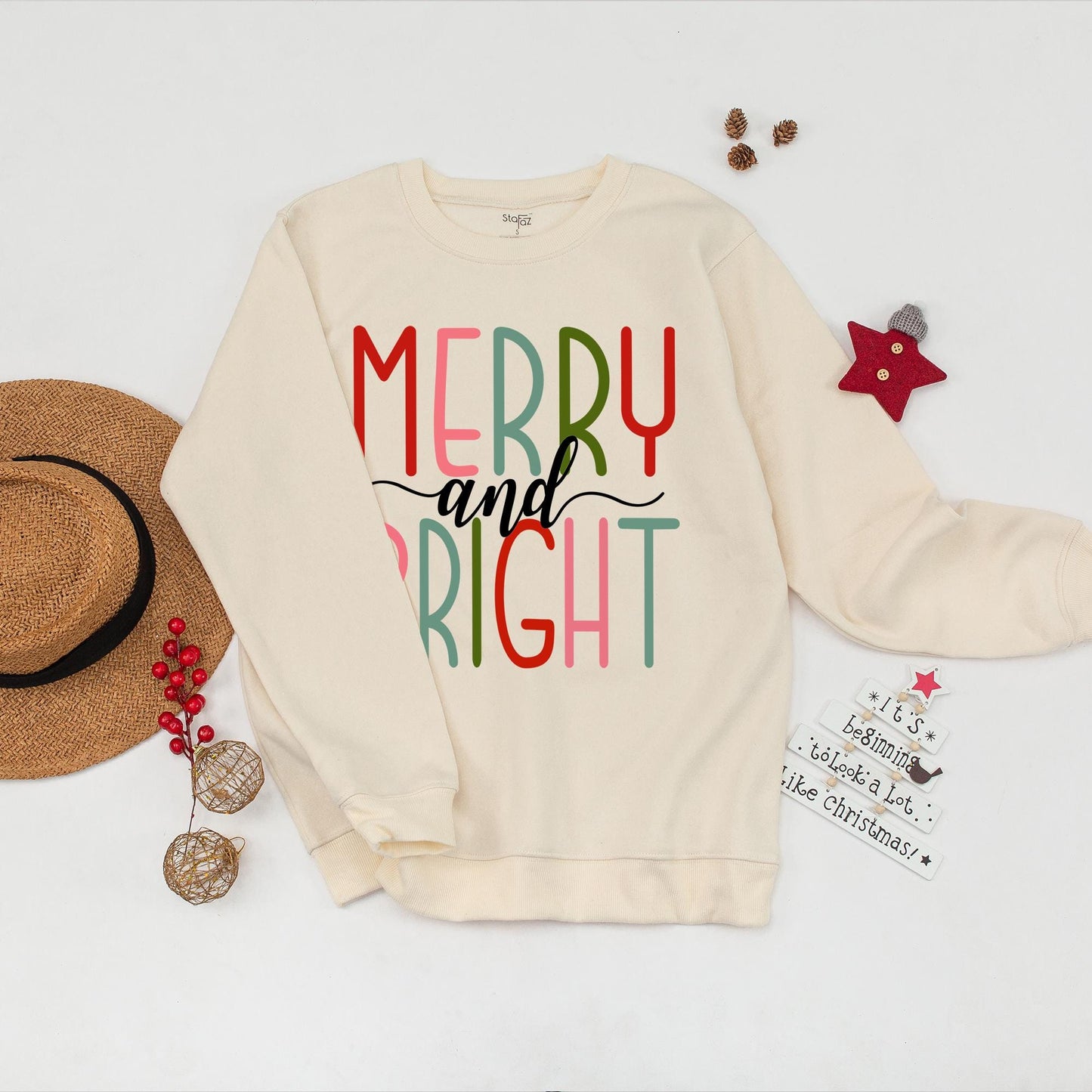 Merry and Bright Christmas Sweatshirt for Women Festive Stacked Text Design Family Holiday Season Apparel Cozy Soft Cotton Top Red Green Pink