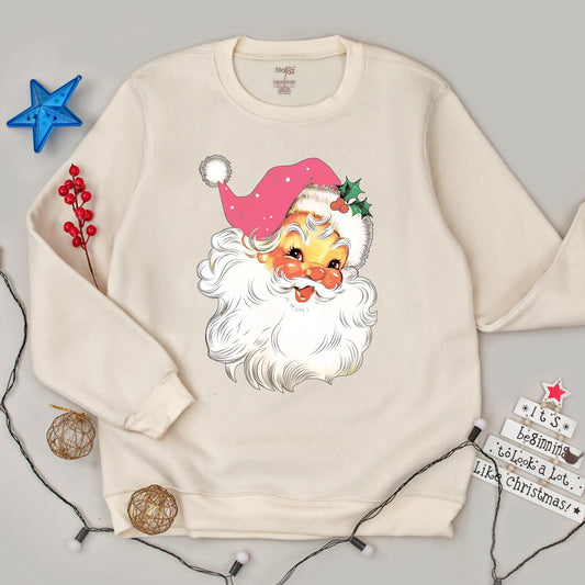 Pink Santa Retro Christmas Sweatshirt for Women Matching Family Holiday Party Sweater Vintage Pink Hat Polka Dot Holly Classic Crewneck