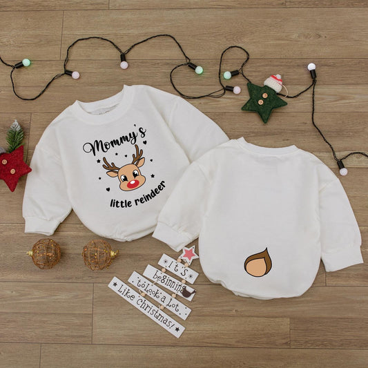 Mommy's Little Reindeer Holiday Outfit! Baby Romper & Kids Shirt Set, Cute Christmas Reindeer Face and Tail Design, Matching Family First Christmas Fun 140