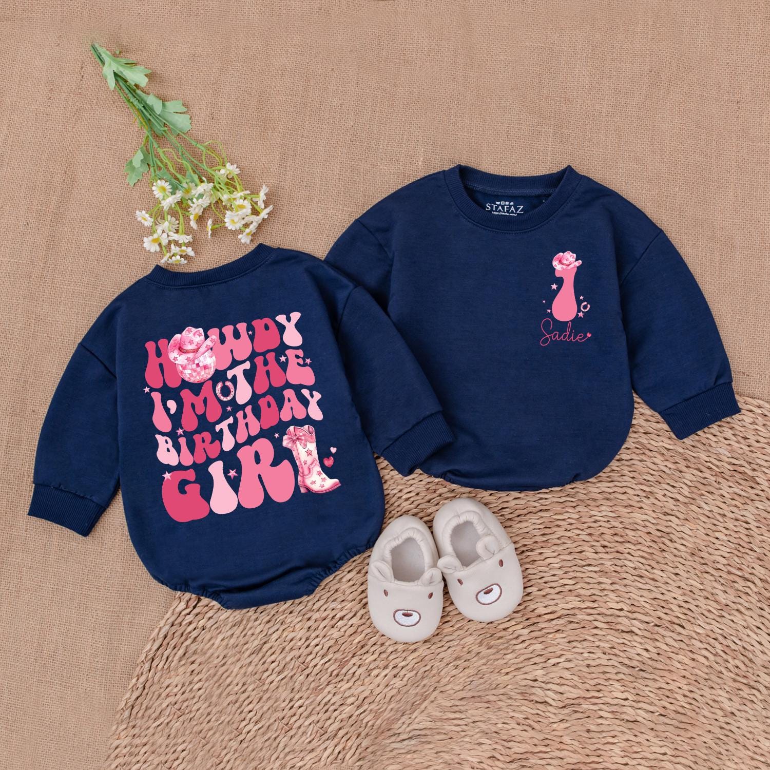 Howdy I'm The Birthday Girl Romper First Rodeo Cowgirl Western Birthday Outfit Pink Floral Boot Disco Hat Accent Baby Shower Gift Celebration