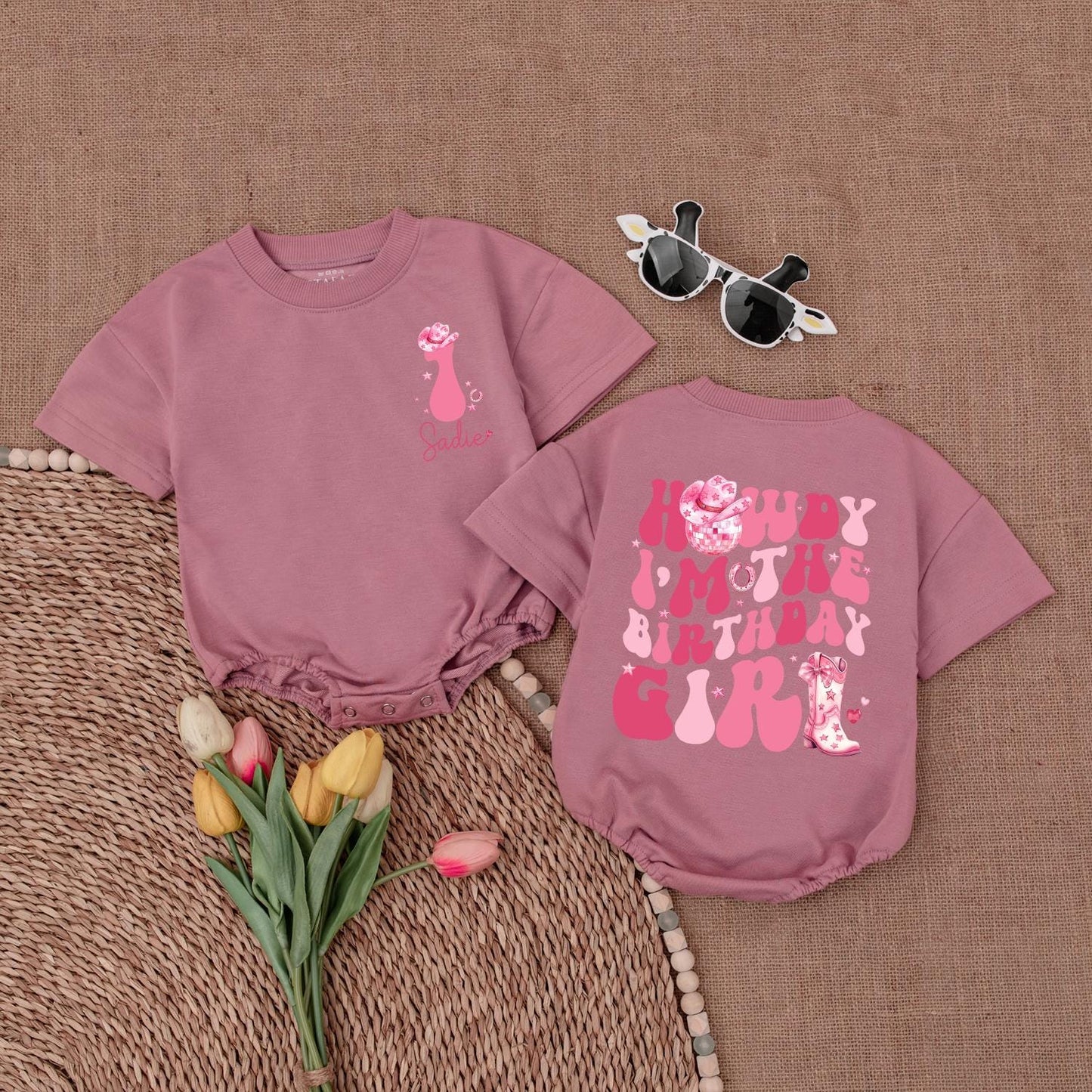 Howdy I'm The Birthday Girl Romper First Rodeo Cowgirl Western Birthday Outfit Pink Floral Boot Disco Hat Accent Baby Shower Gift Celebration