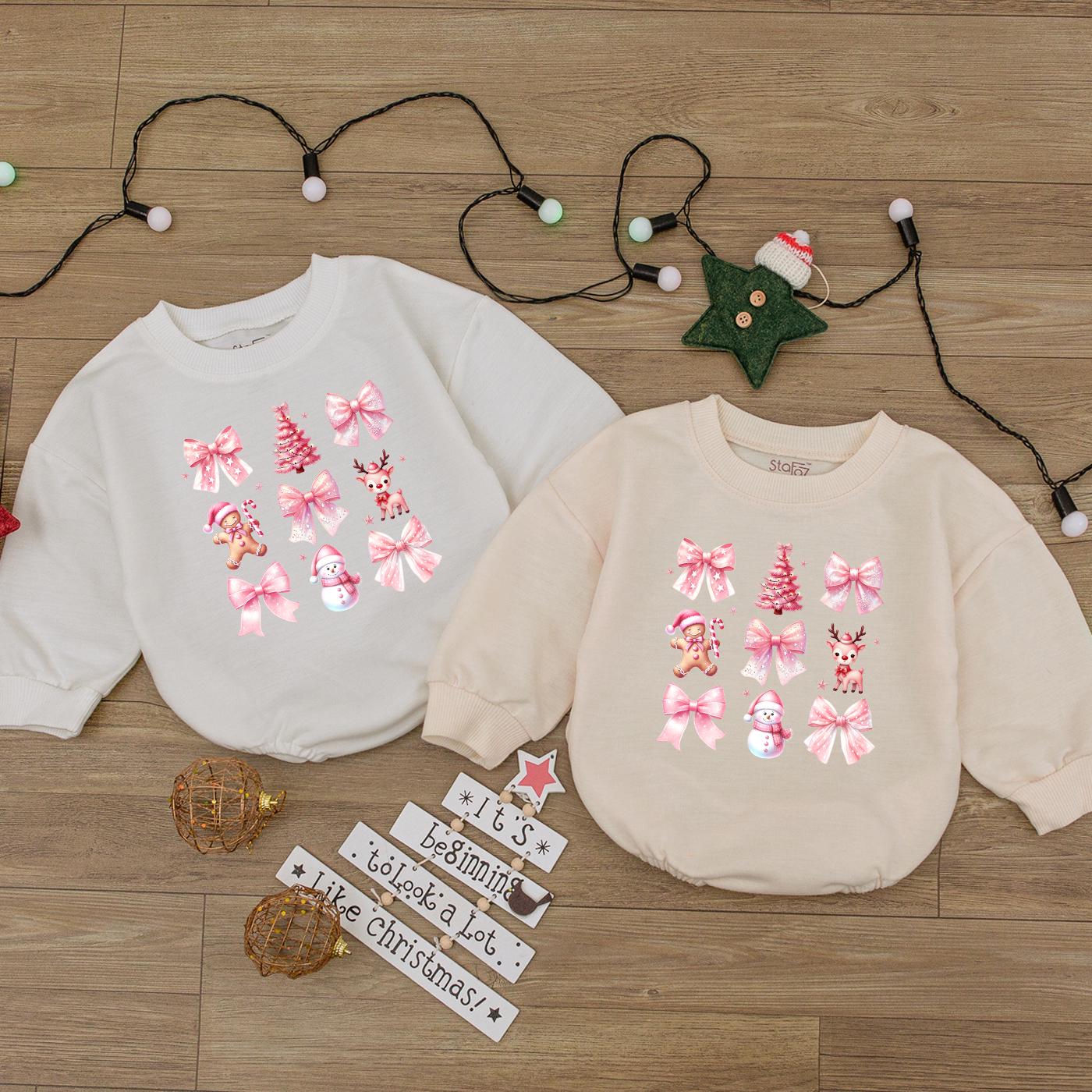 Cute Pink Christmas Girly Bow Gingerbread Man Baby Romper Toddler First Holiday Outfit