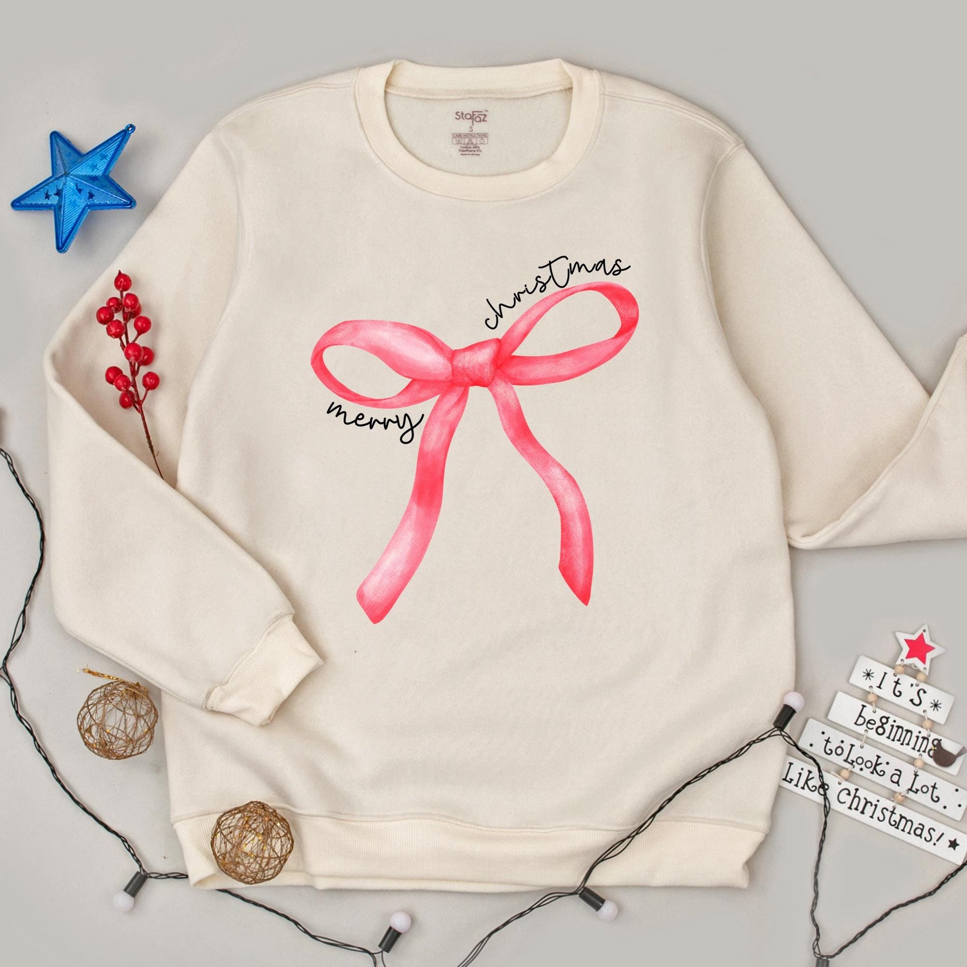 Merry Christmas Red Bow Watercolor Sweater Festive Holiday Gift for Women with Cursive Text Casual Sweatshirt Xmas Party Coquette Style