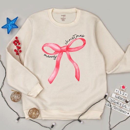 Merry Christmas Red Bow Watercolor Sweater Festive Holiday Gift for Women with Cursive Text Casual Sweatshirt Xmas Party Coquette Style