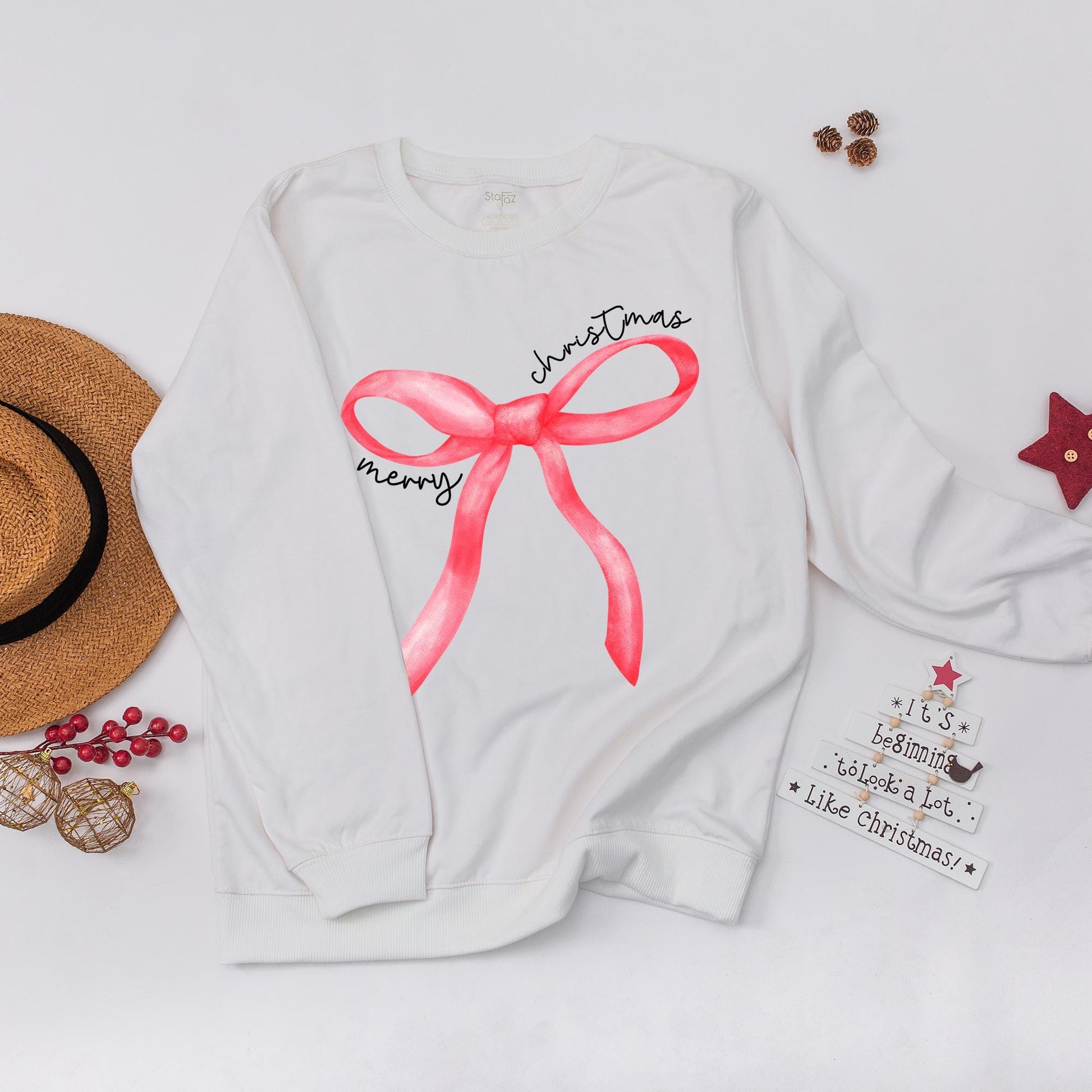 Merry Christmas Red Bow Watercolor Sweater Festive Holiday Gift for Women with Cursive Text Casual Sweatshirt Xmas Party Coquette Style