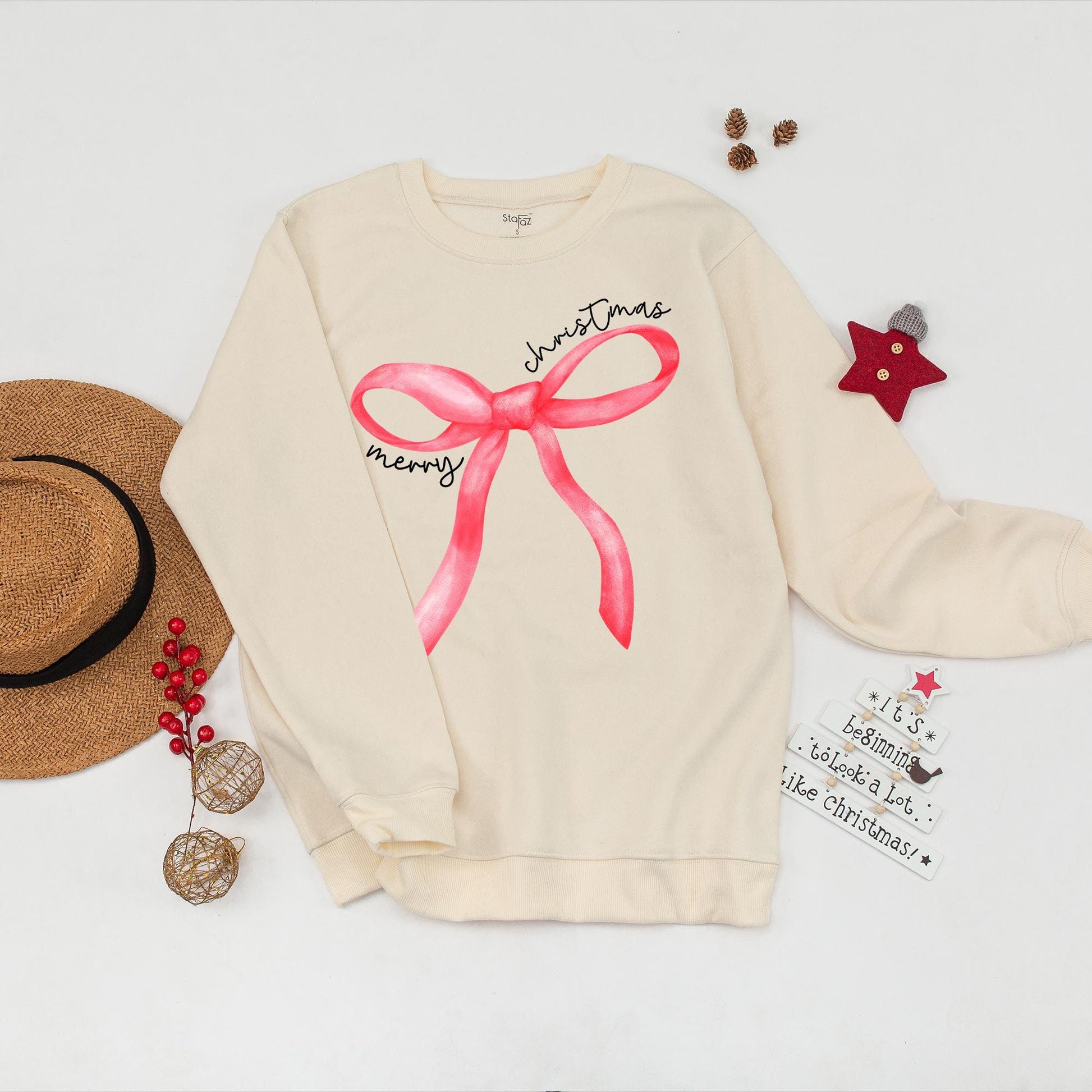 Merry Christmas Red Bow Watercolor Sweater Festive Holiday Gift for Women with Cursive Text Casual Sweatshirt Xmas Party Coquette Style