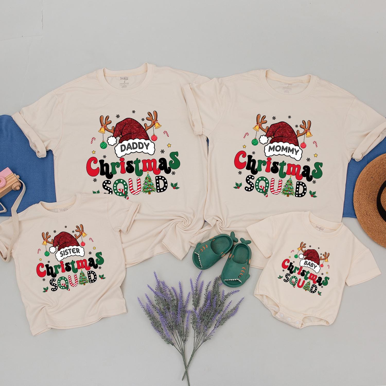 Custom Matching Family Christmas Squad Shirts with Santa Hat Design for Mom Dad Kids Baby 2024 Festive Holiday Outfits Playful Xmas Crew Gift