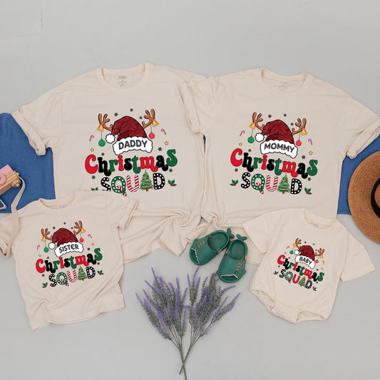 Custom Matching Family Christmas Squad Shirts with Santa Hat Design for Mom Dad Kids Baby 2024 Festive Holiday Outfits Playful Xmas Crew Gift