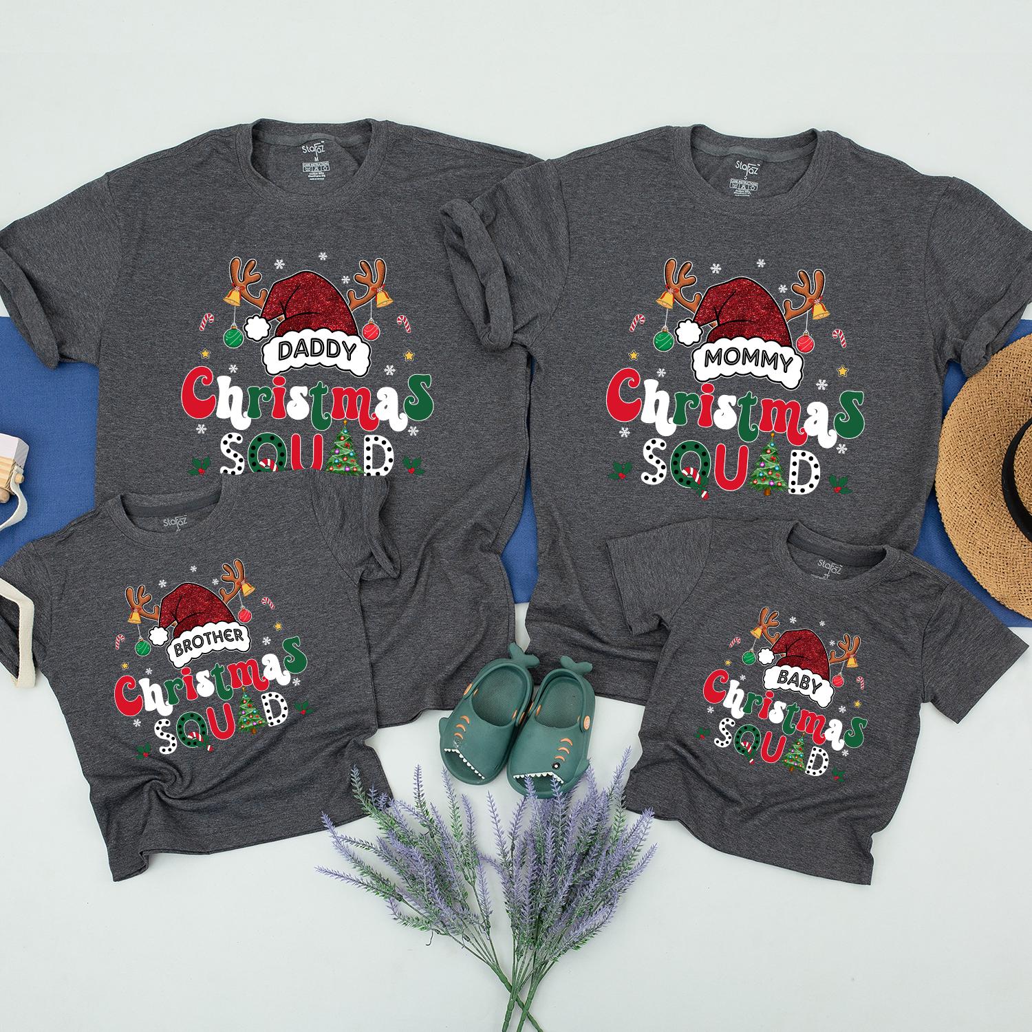 Custom Matching Family Christmas Squad Shirts with Santa Hat Design for Mom Dad Kids Baby 2024 Festive Holiday Outfits Playful Xmas Crew Gift