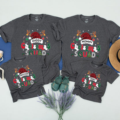 Custom Matching Family Christmas Squad Shirts with Santa Hat Design for Mom Dad Kids Baby 2024 Festive Holiday Outfits Playful Xmas Crew Gift