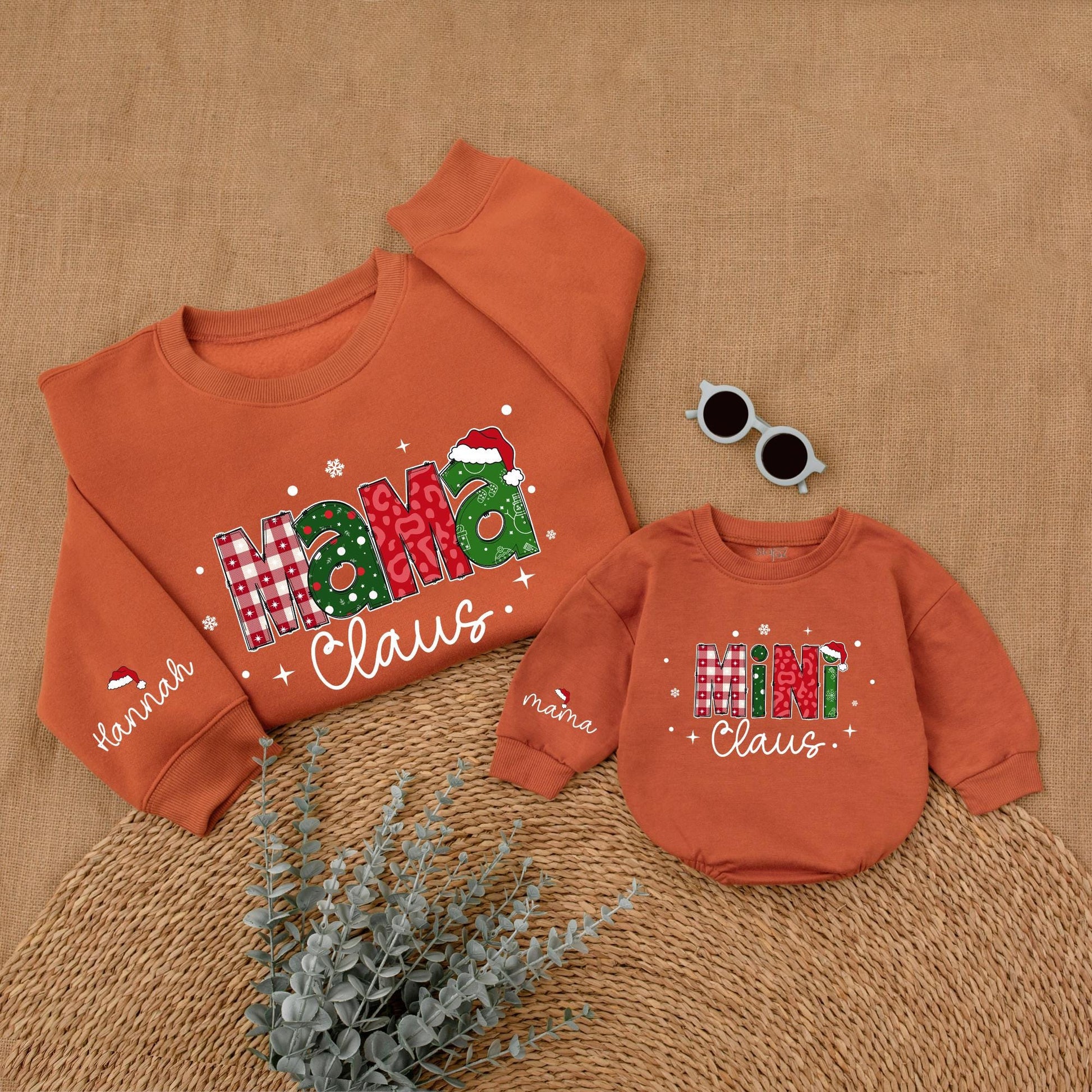 Personalized Mommy and Me Christmas Sweatshirt Mama Claus Mini Claus Festive Red Green Checkerboard Holiday Sweater