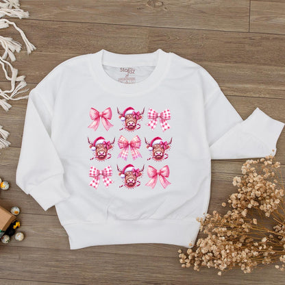 Cute Pink Bow Highland Cow Baby Romper Sweet Cowgirl Sweatshirt for Newborn Girls Festive Holiday Country Western Outfit