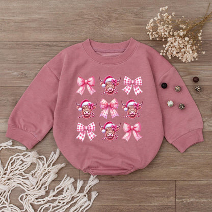 Cute Pink Bow Highland Cow Baby Romper Sweet Cowgirl Sweatshirt for Newborn Girls Festive Holiday Country Western Outfit