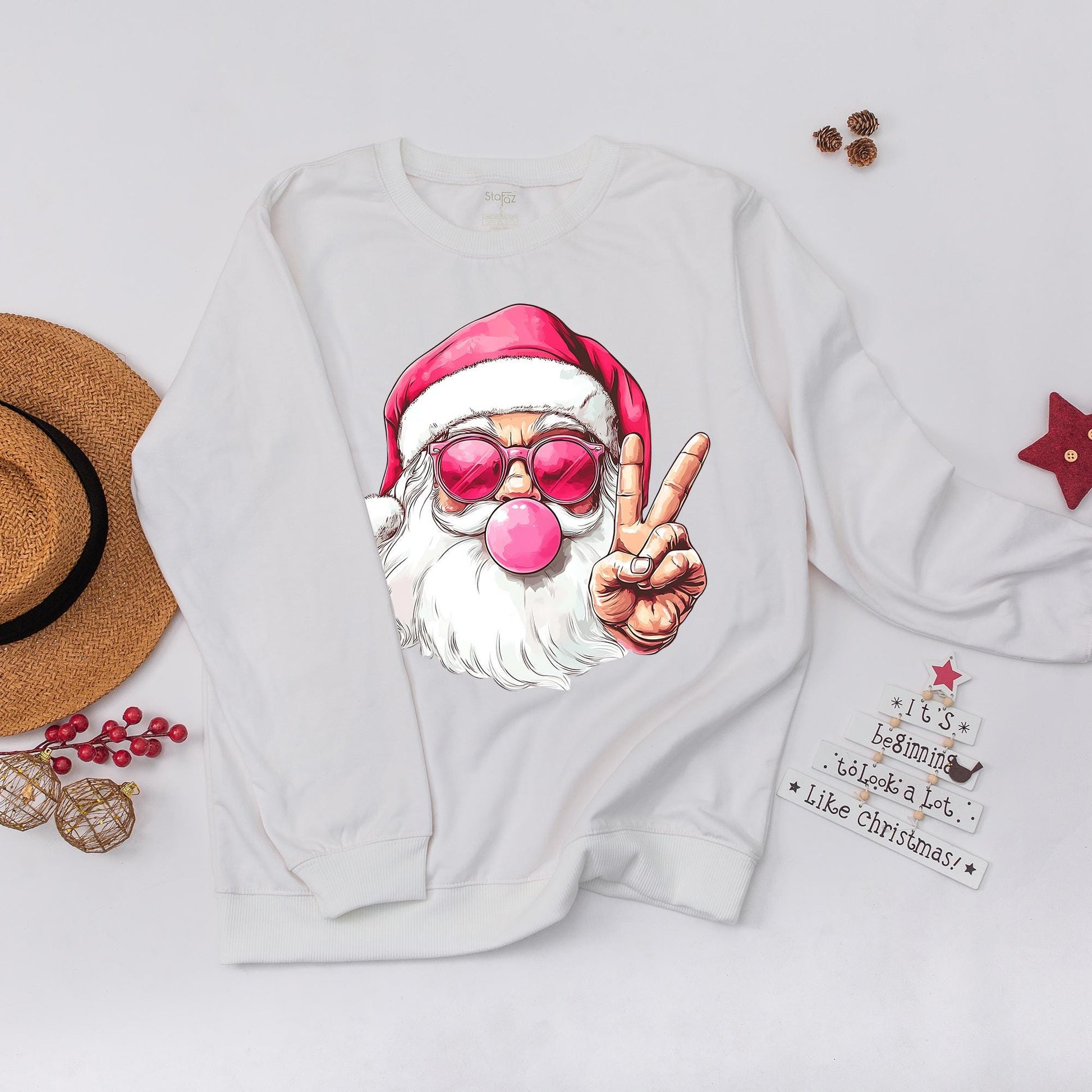 Funny Retro Santa Christmas Sweatshirt Pink Bubblegum Santa with Sunglasses Women's Holiday Sweater Playful Contemporary Christmas Gift