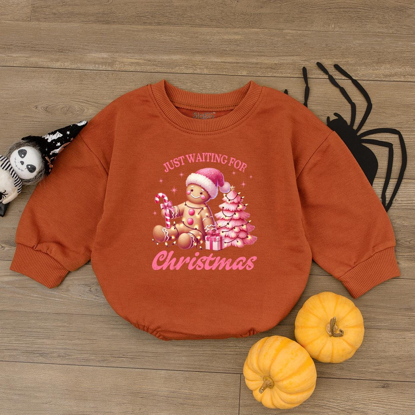 Just Waiting for Christmas Baby Romper, Pink Gingerbread Outfit for Baby Girl, Holiday Clothes Newborn, Festive Gift