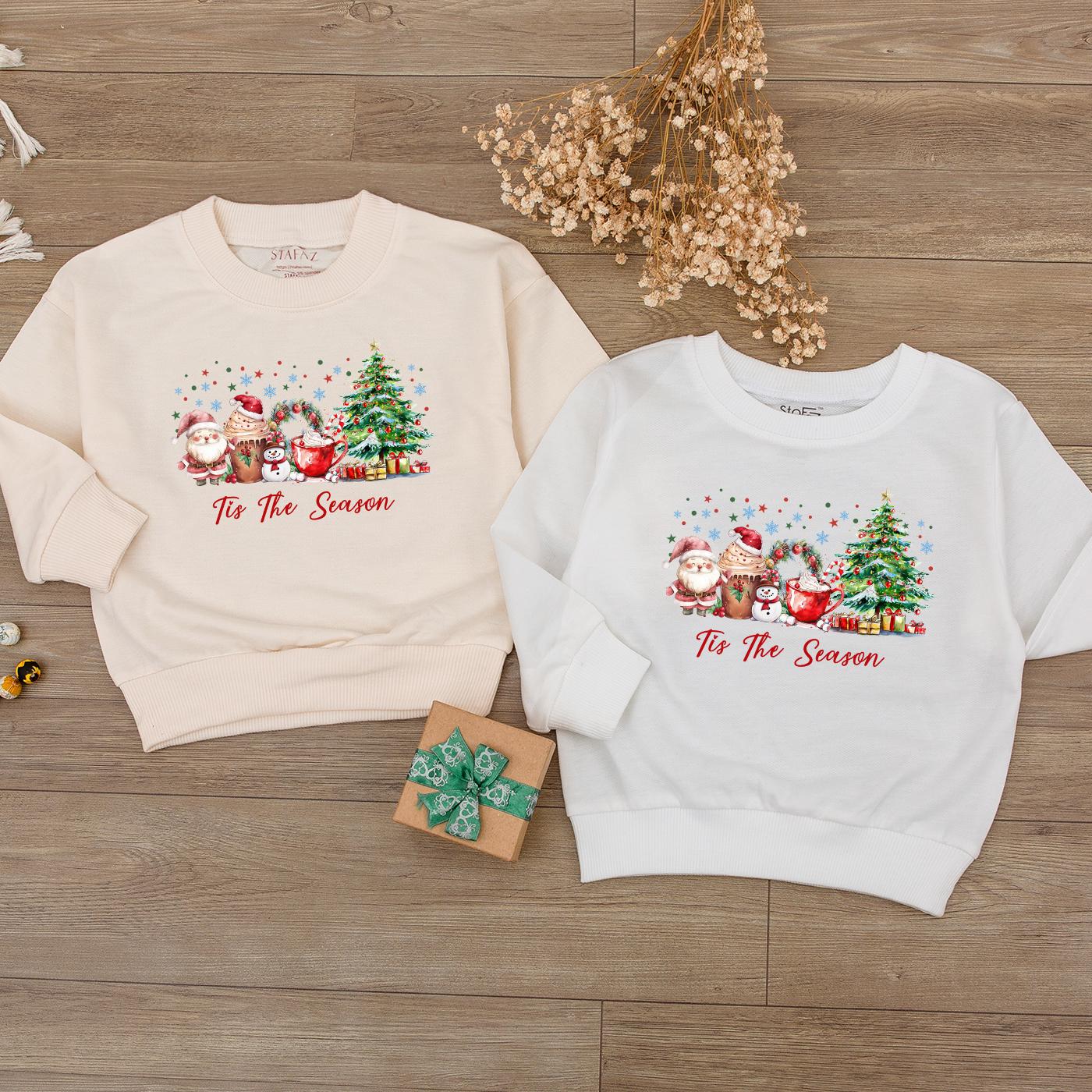 Tis The Season Christmas Romper: Cheerful Holiday Drinks & Characters Baby Sweatshirt Outfit, Cozy Christmas Clothes, Baby's First Christmas Gift 139