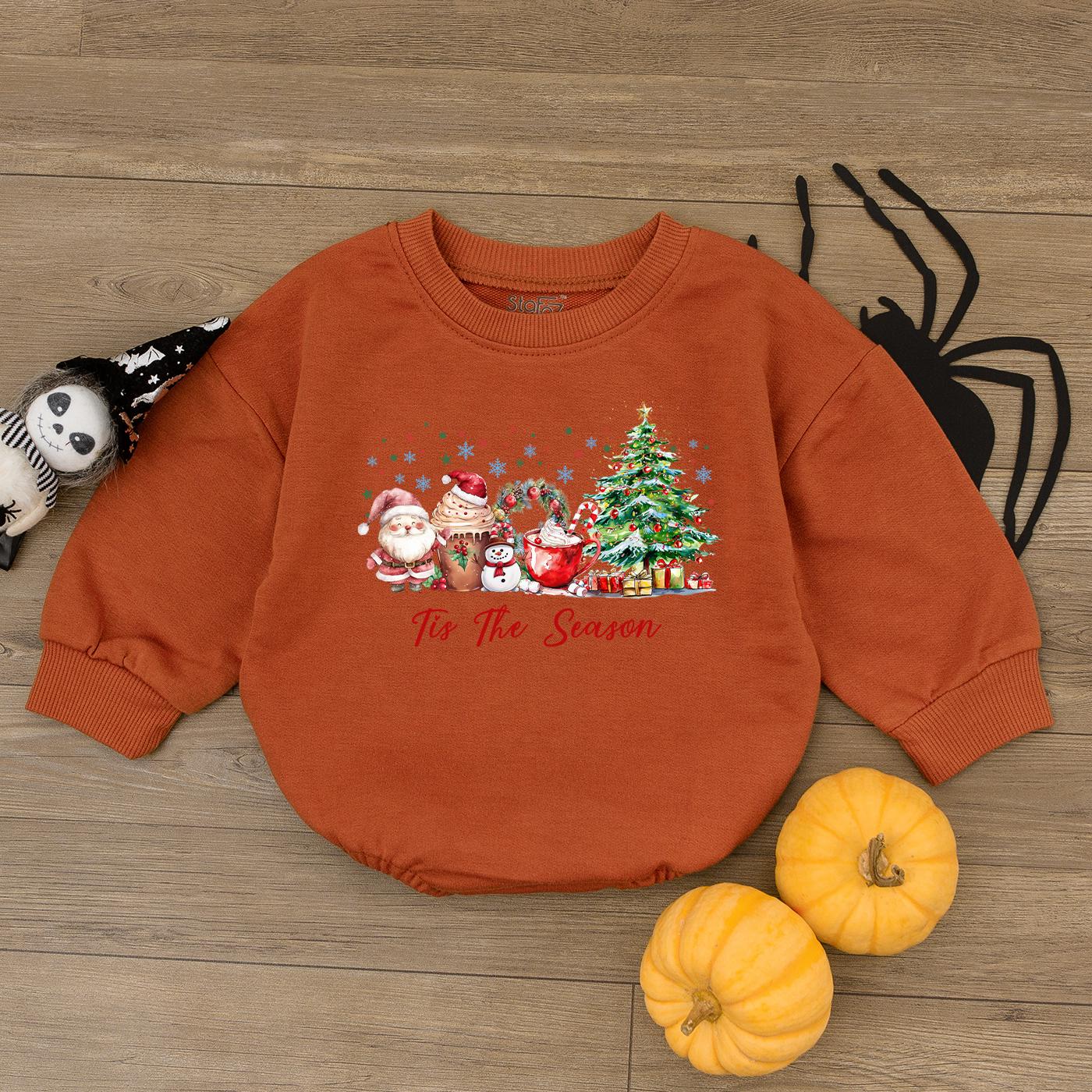 Tis The Season Christmas Romper: Cheerful Holiday Drinks & Characters Baby Sweatshirt Outfit, Cozy Christmas Clothes, Baby's First Christmas Gift 139
